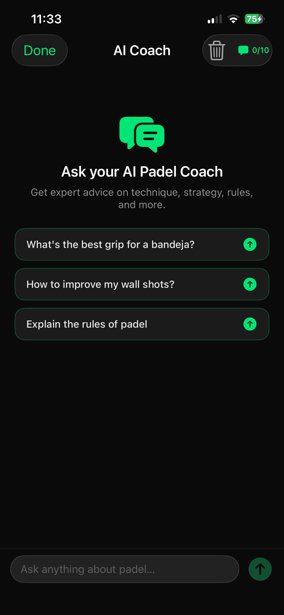 PadelUp 24/7 AI padel coach chat answering a technique question