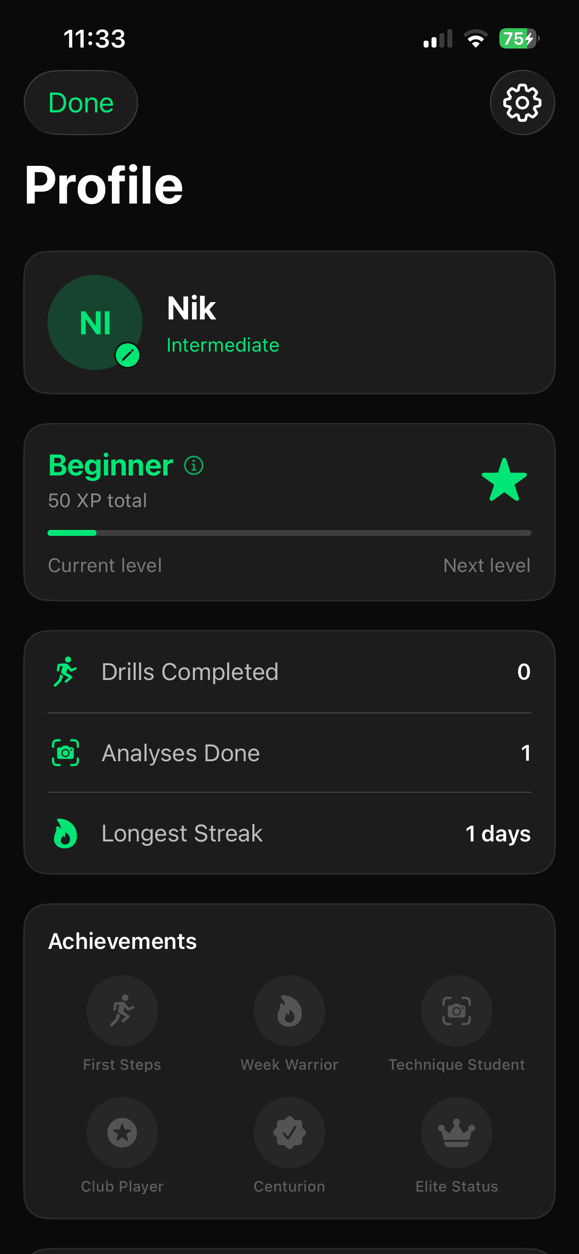 PadelUp profile showing a player's level, stats, and progress